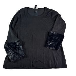 Ashley Stewart Sweater 18/20 Black Faux Fur Cuff Soft Knit Plus Size Top